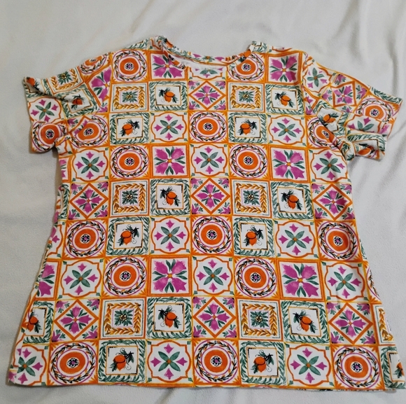Kim Rogers Tops - Kim Rogers White Tile-Print Short Sleeve Blouse with Pink & Orange Accents
